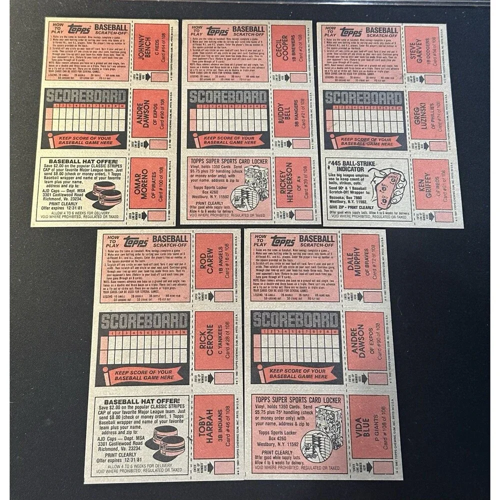 Lot of (5) 1981 Topps Scratch Off Unscratched Rod Carew Garvey Rickey Henderson
